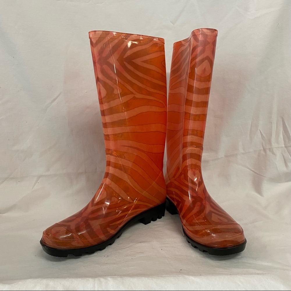 Nicole Miller Rain Boots Orange Sashimi Print Size 6 New Without Box